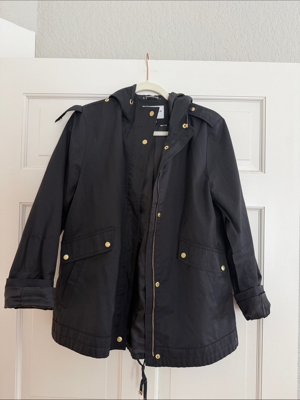 Cole Haan Black Hooded Utility Jacket with Gold-Tone Hardware